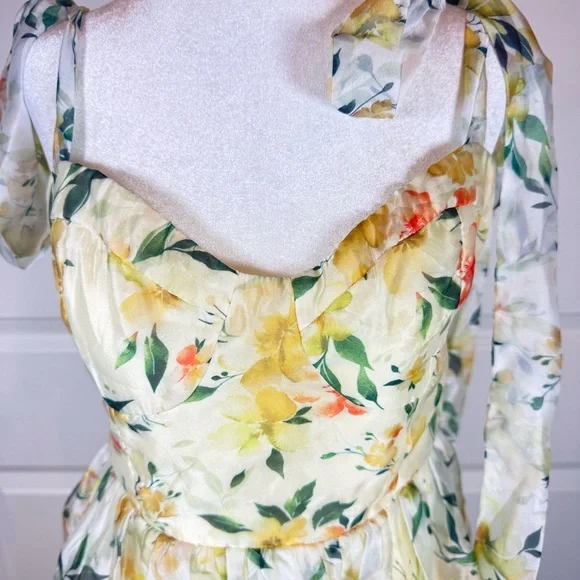 Lulus Yellow Floral Tiered Maxi Dress M Cottagecore Sweetheart Chiffon NWT - Picture 3 of 11